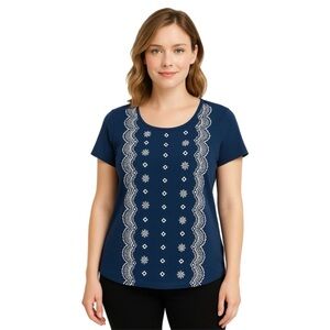 Talbots Navy With White Embroidery Short Sleeve Blouse in Size M